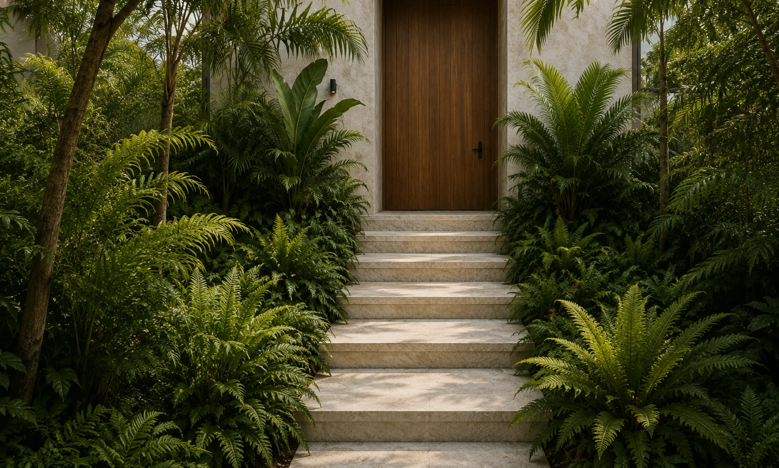 Stone entry steps rising between ferns and palms to a solid timber door
