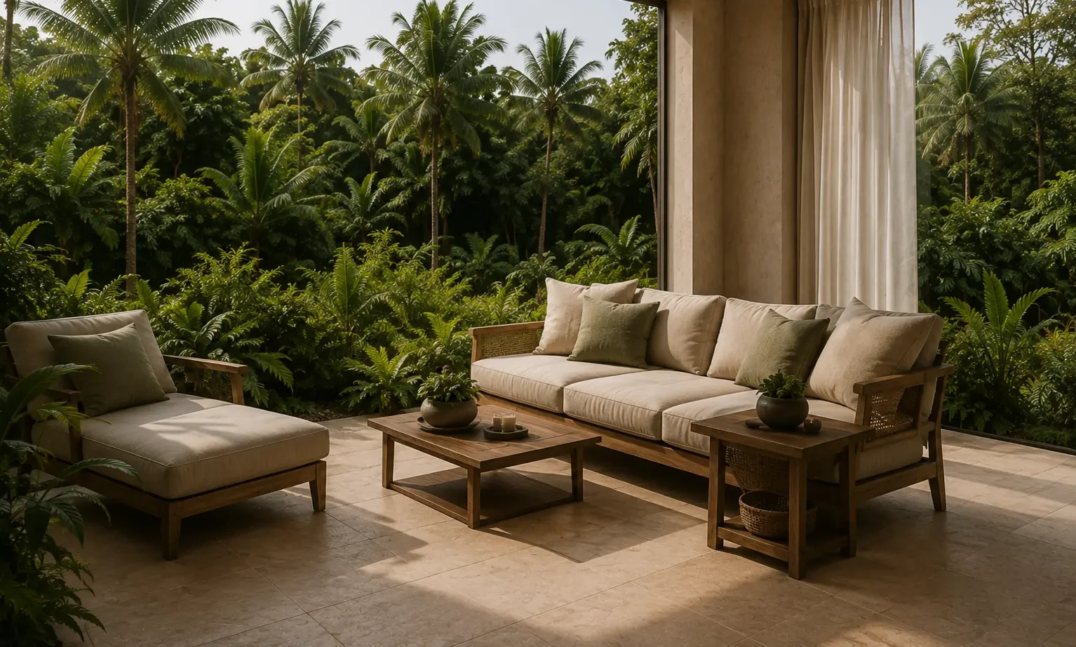 Shaded terrace lounge in teak and off-white cushions above a palm canopy