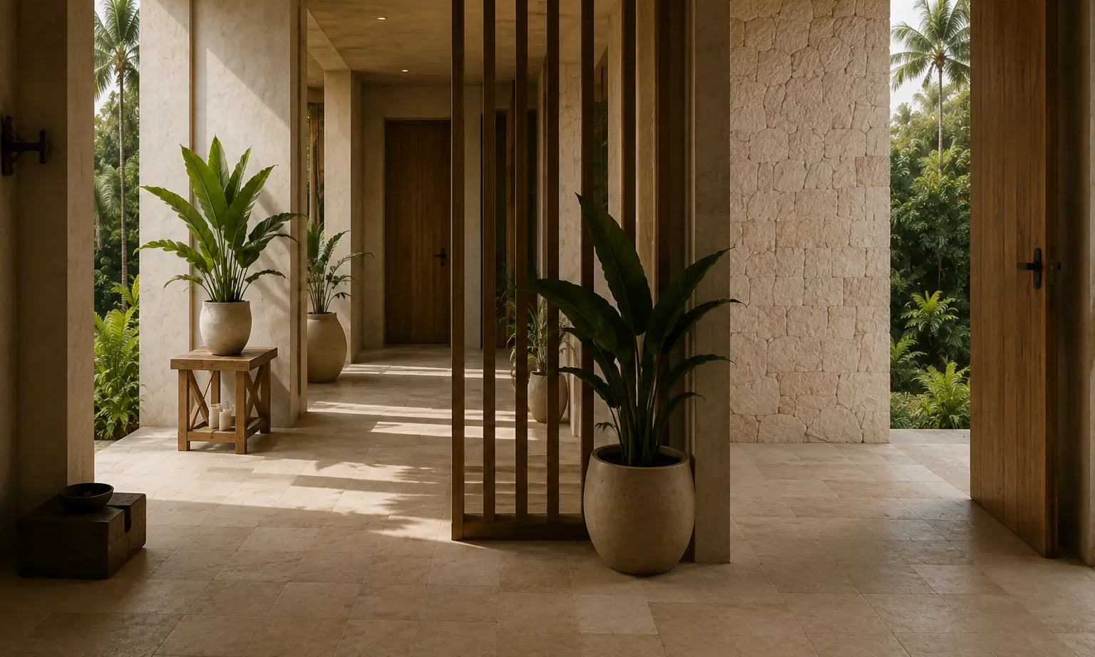 Covered entry portico in limestone with vertical timber fins and planted vessels
