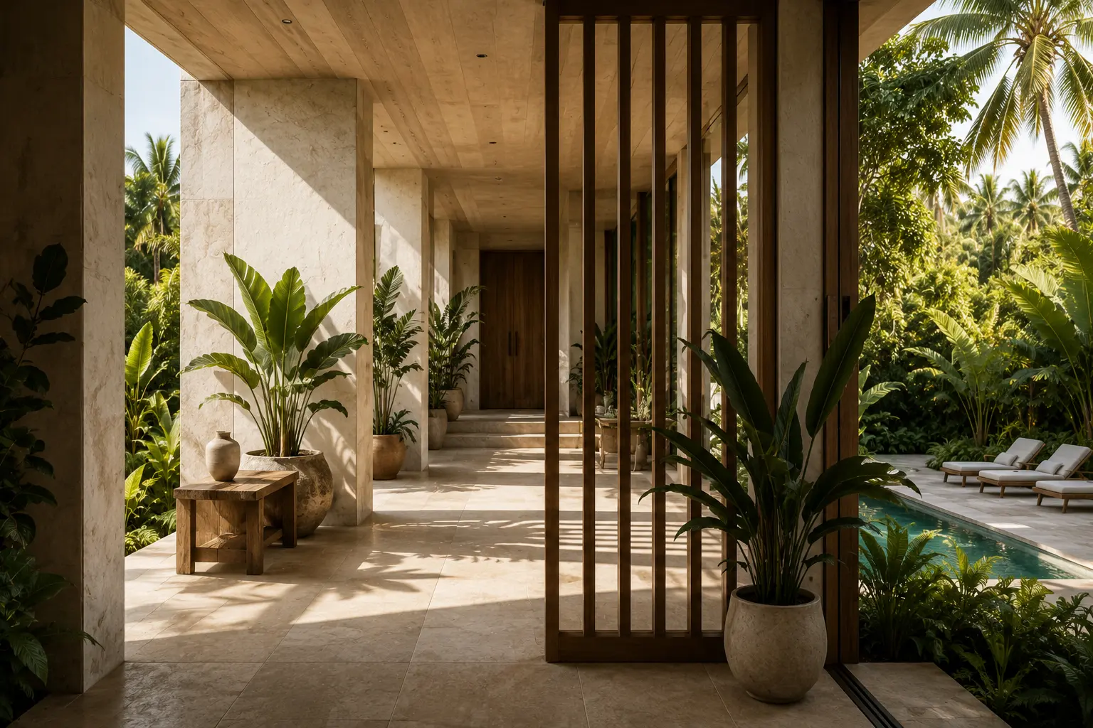 Shaded colonnade with timber screens opening to the pool garden