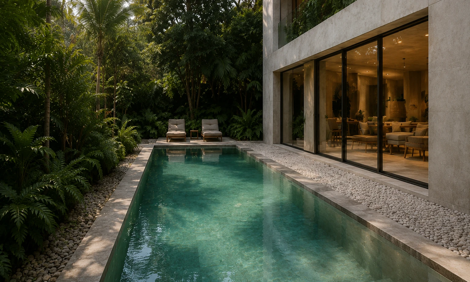 A long lap pool running beside the residence, edged in river stone and dense tropical planting
