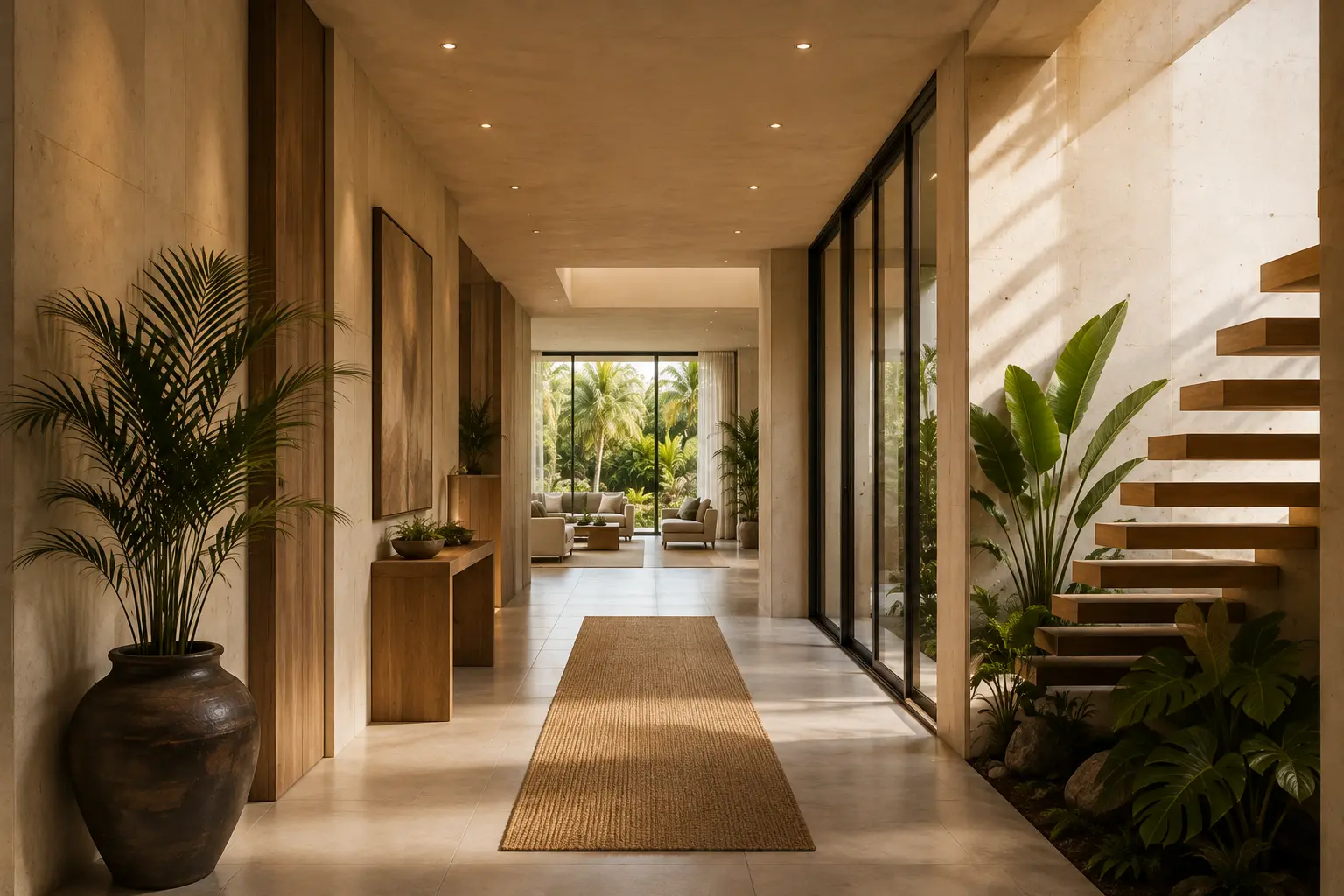 Entry gallery with a floating limestone stair, full-height glazing and a courtyard of palms
