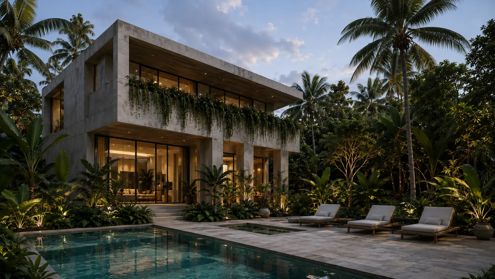 VERDEA residence at dusk, board-formed concrete volumes above a lit pool terrace framed by palms