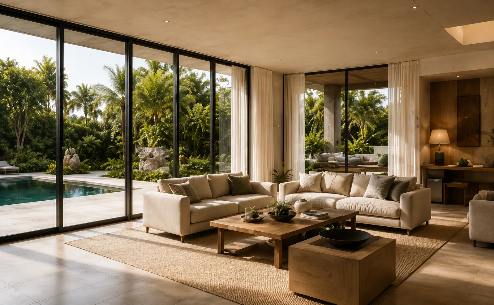 Living room in linen and pale timber opening through sliding glass to the pool and garden
