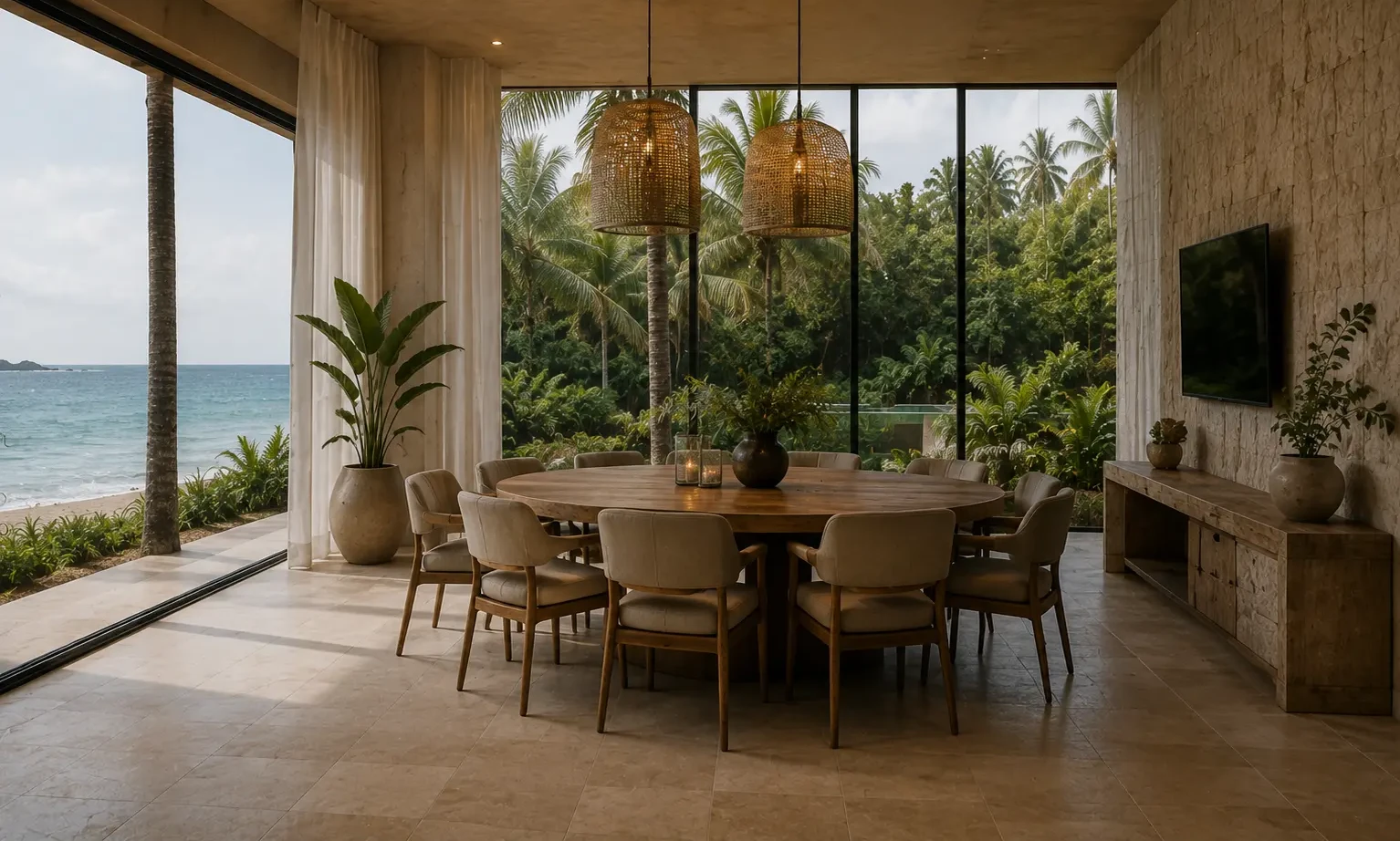 Round dining table and woven pendants against a glazed wall of palms and sky