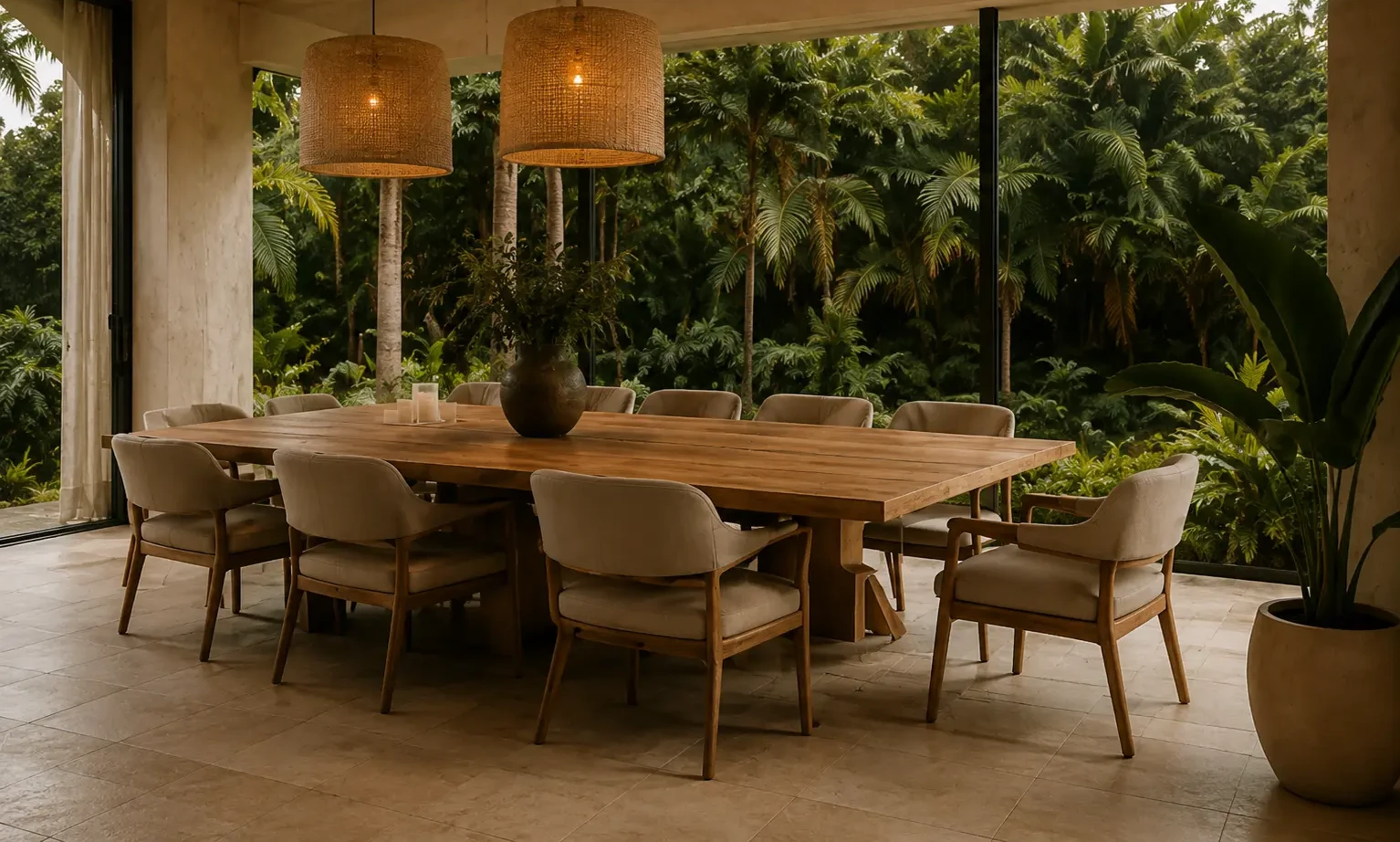 Dining table in solid timber beneath woven pendants, open to the garden