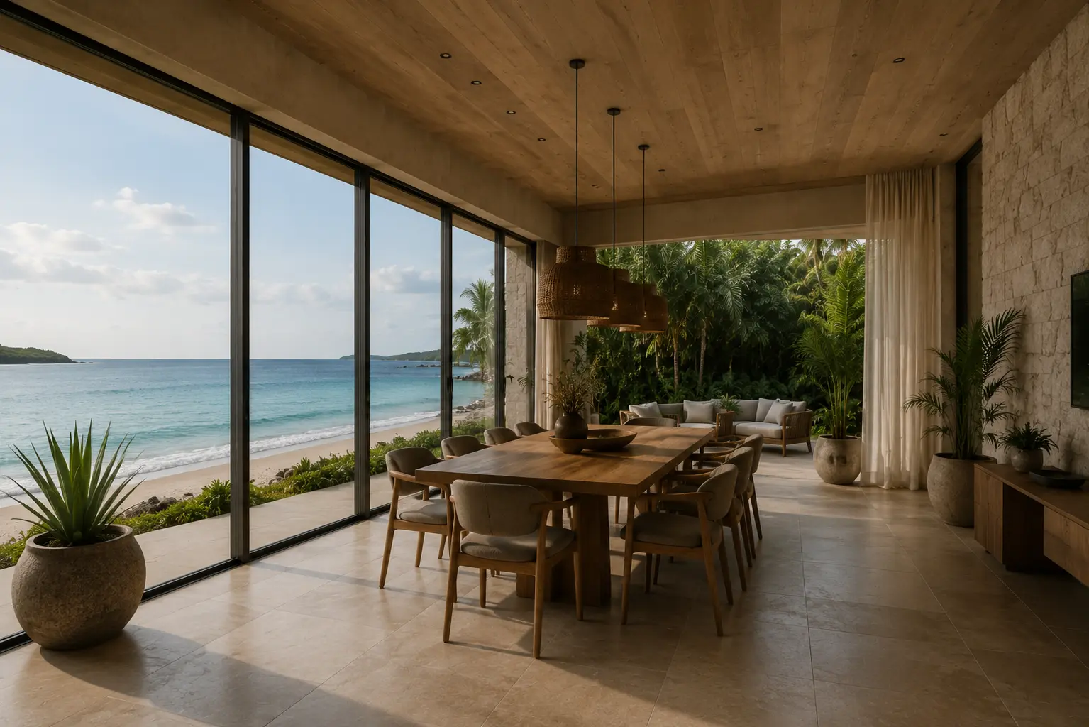 Dining and lounge pavilion with full-height glazing facing the water