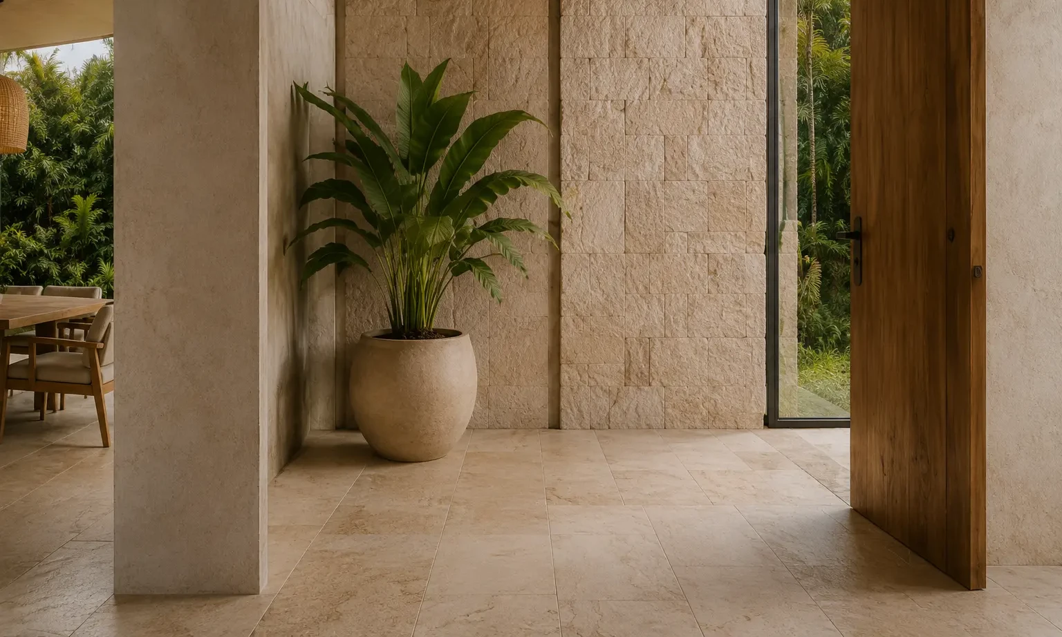 Detail of a coral stone wall, pivot timber door and a single planted vessel