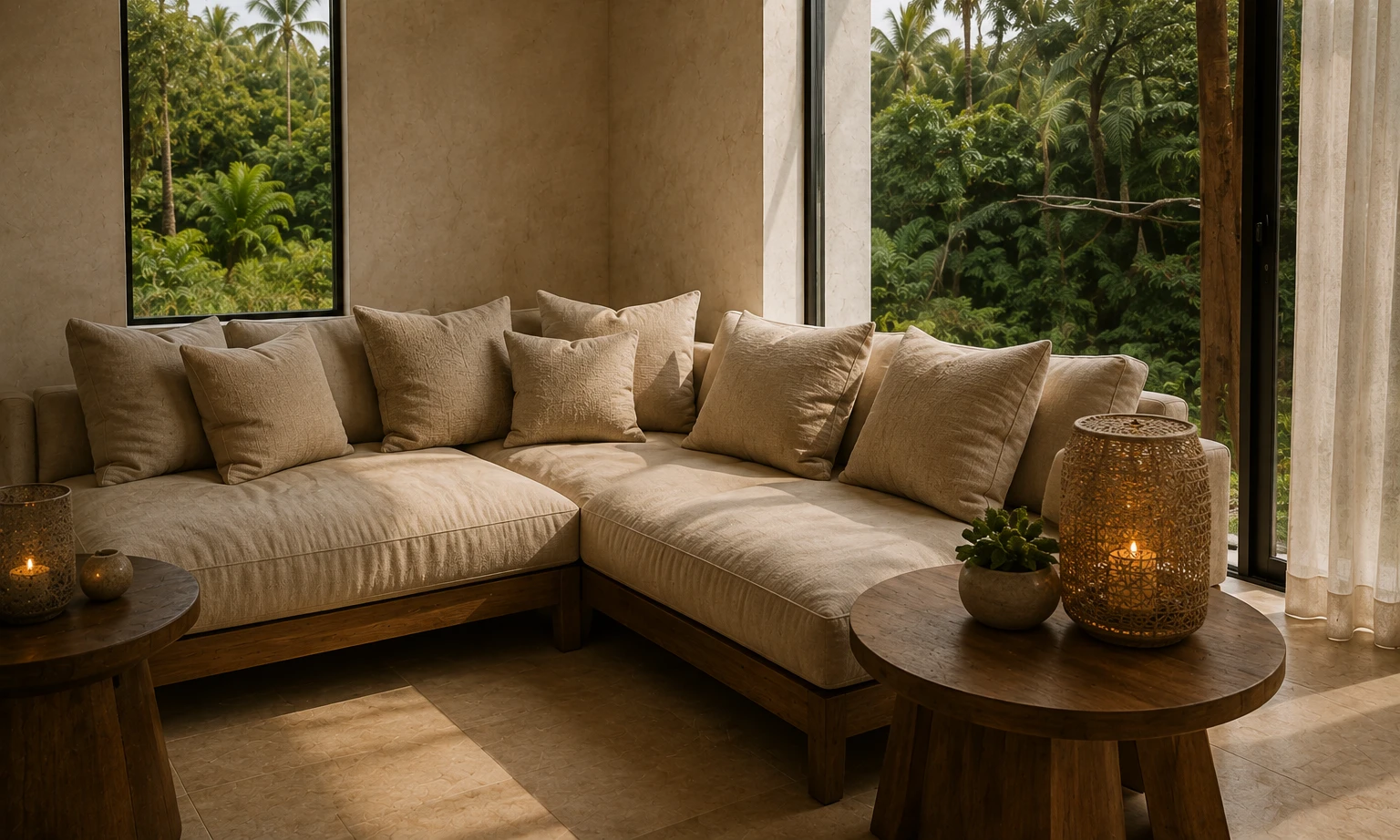Corner lounge seating in soft linen beside a window framing dense green foliage
