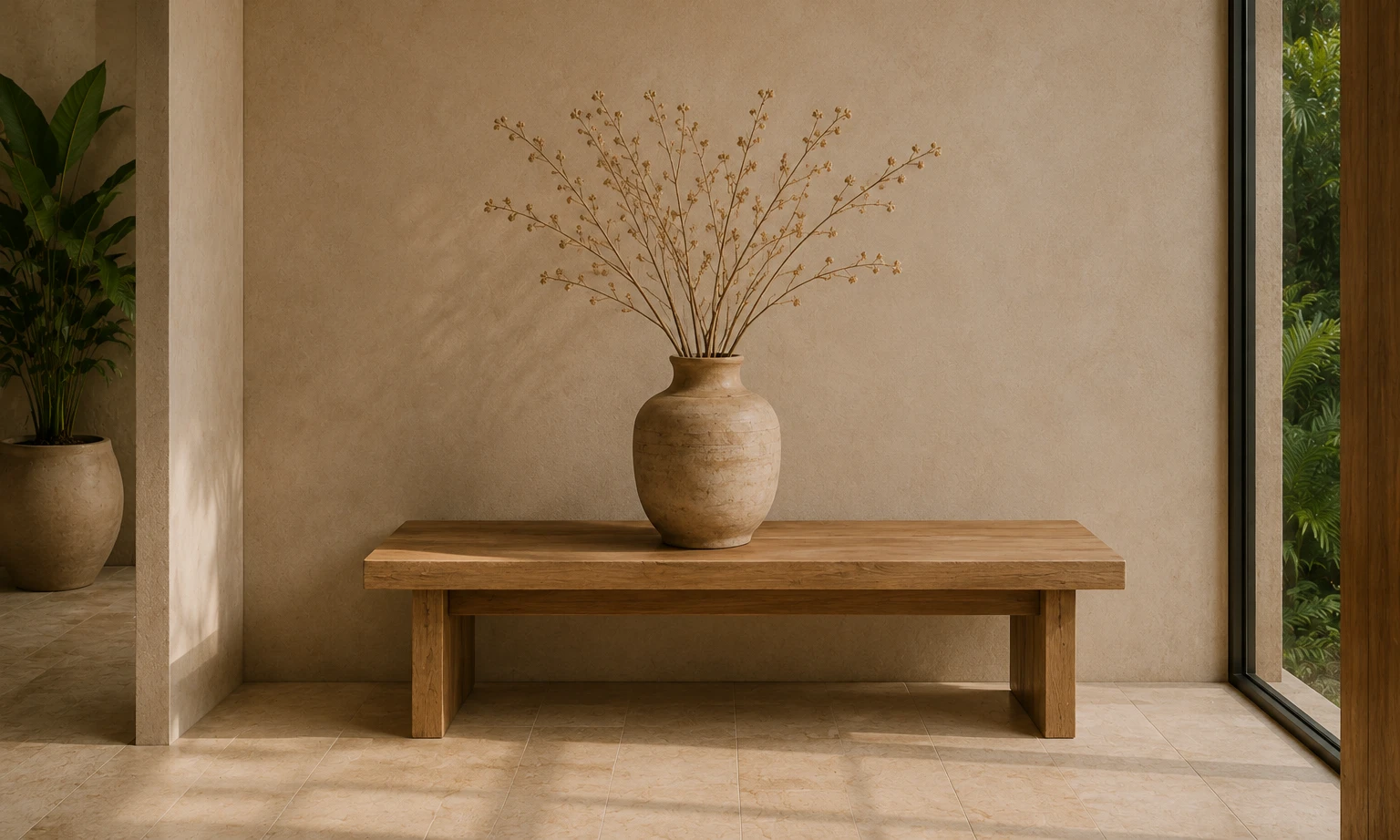 Plaster wall with a solid timber bench and a ceramic vessel of dried stems